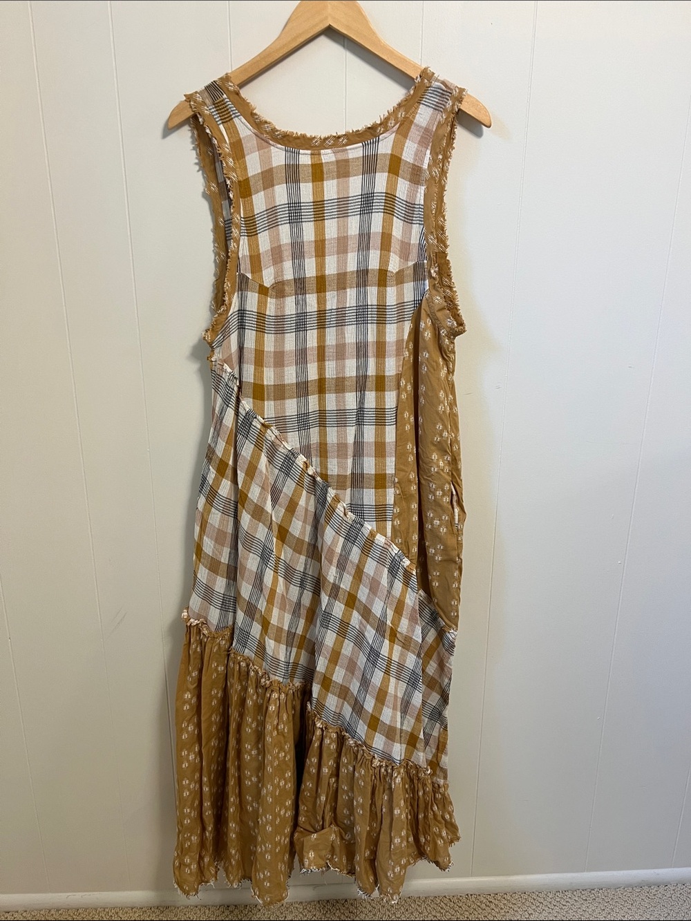 Free People No Stress Billowy Sleeveless Plaid Patchwork Raw Edge Midi Dress M - Picture 2 of 13